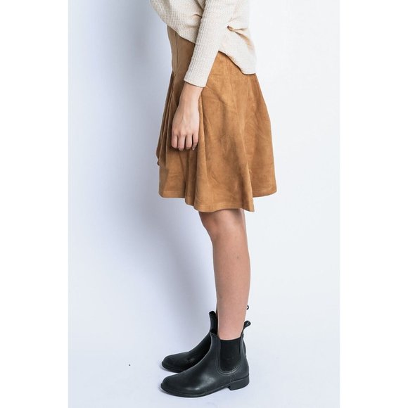Women's Casual Pleated Suede Solid High Low Midi Skirt Tan Size S,M,L - Picture 12 of 14
